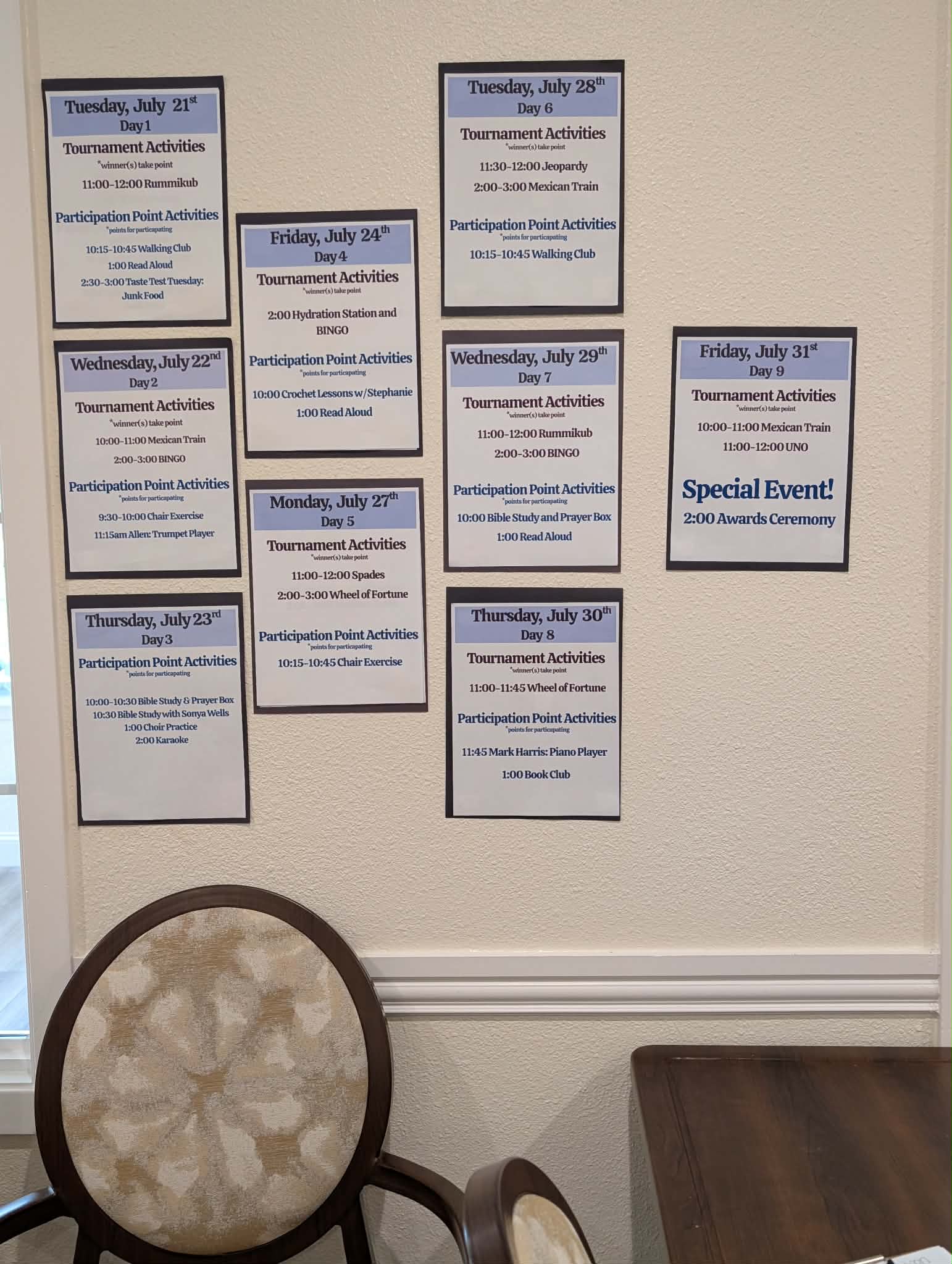 Tournament activity schedules on wall